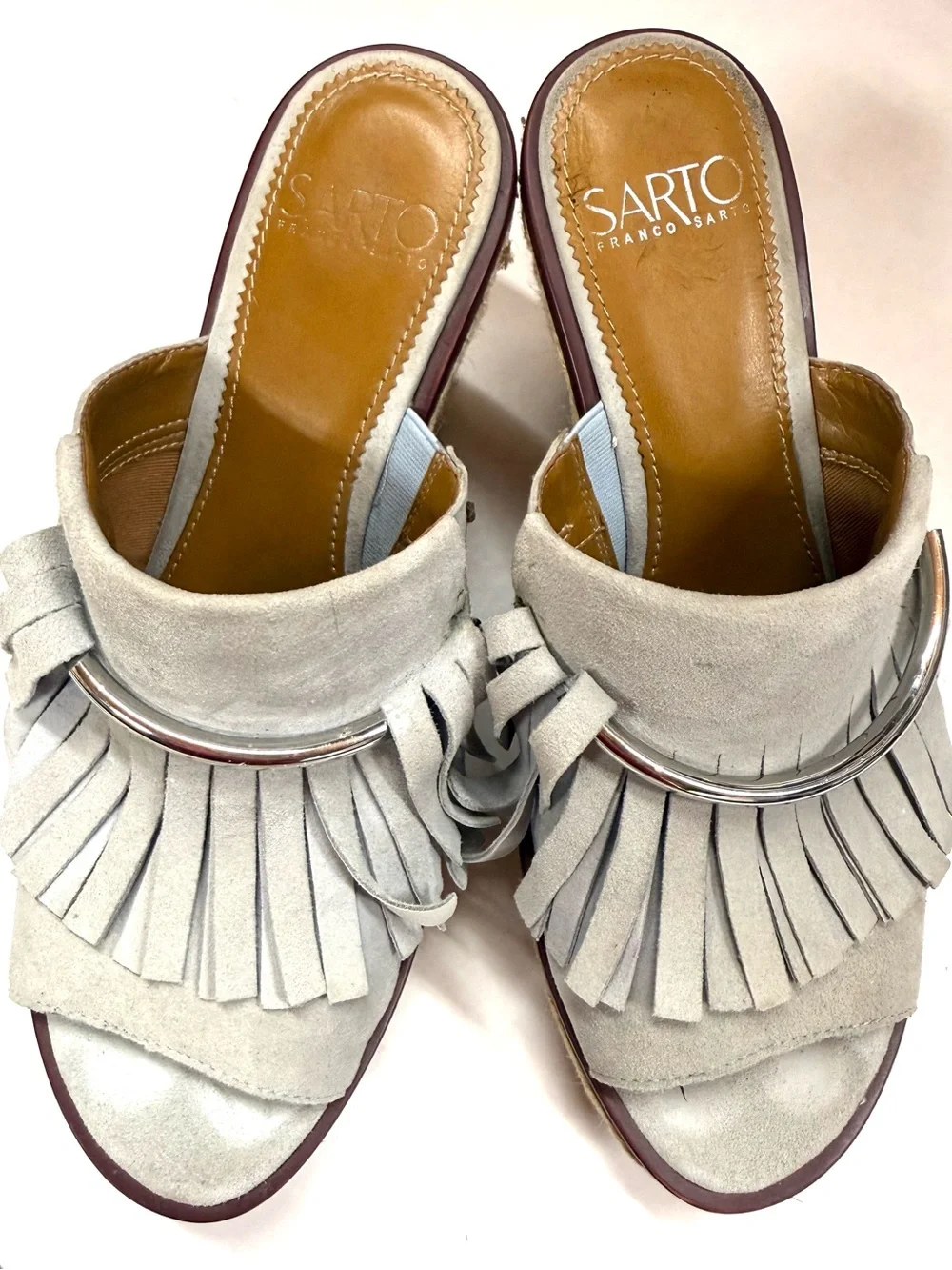 Franco Sarto Light Gray Suede Fringe Espadrille Wedge Mules size 8
